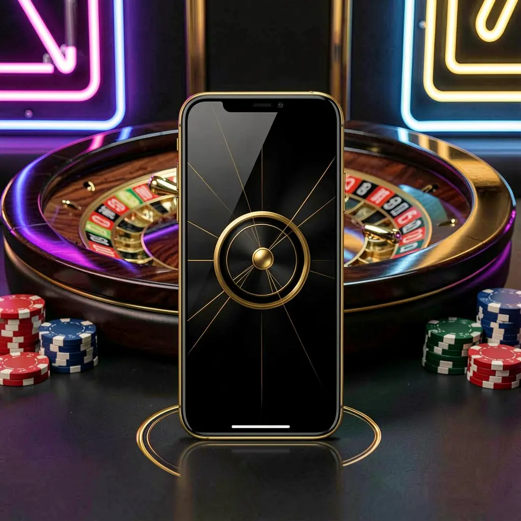 G06 mobile casino application scene featuring a phone in the center with a roulette wheel and poker chips in the background, illuminated by glowing neon lights in a premium black and gold style