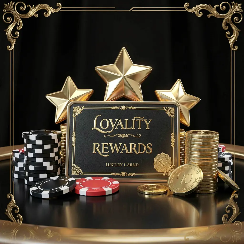 G06 loyalty rewards casino image featuring golden stars, poker chips, coins, and a luxury reward card on an elegant black and gold background in a realistic 3D render