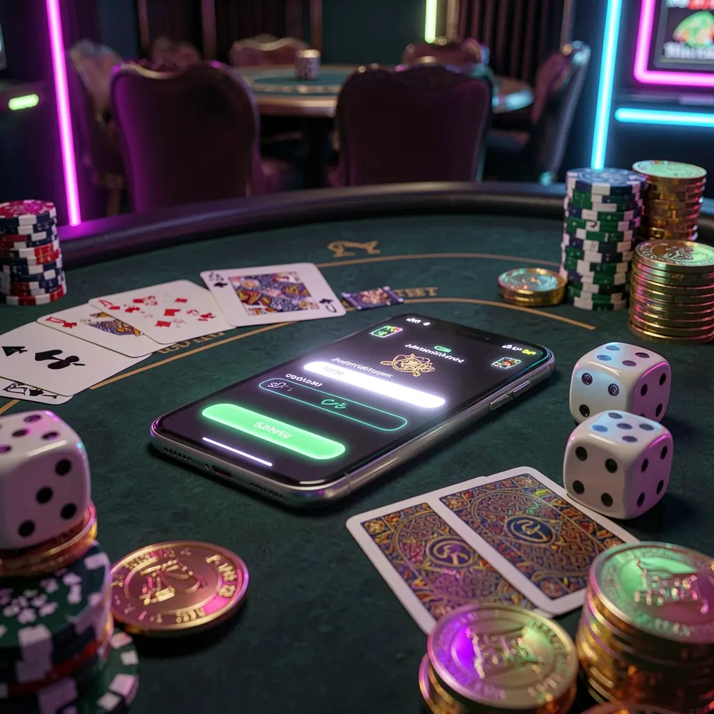 G06 casino account sign in scene with a glowing smartphone on a casino table surrounded by cards, chips, dice, and gold coins, set against an elegant dark background with neon highlights in a realistic 3D render