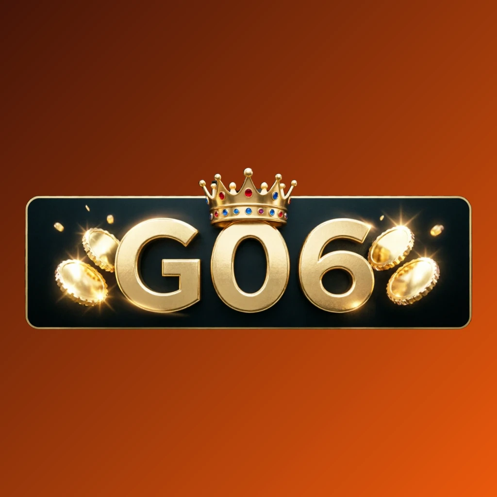 G06 casino-style logo featuring golden letters with a crown element and sparkling coins, creating a luxury gaming atmosphere on a transparent background in a wide horizontal rectangular wordmark format