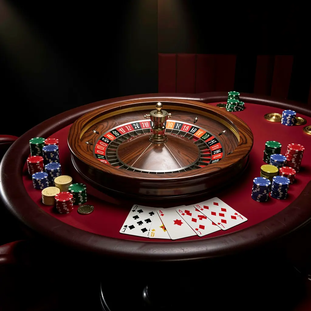 Elegant online casino gaming table featuring roulette, blackjack cards, poker chips, and coins with luxury cinematic lighting on a black and red background, showcasing G06's responsible gaming platform in Malaysia